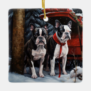 Boston Terrier Nevado Trineo Navidad Decoración