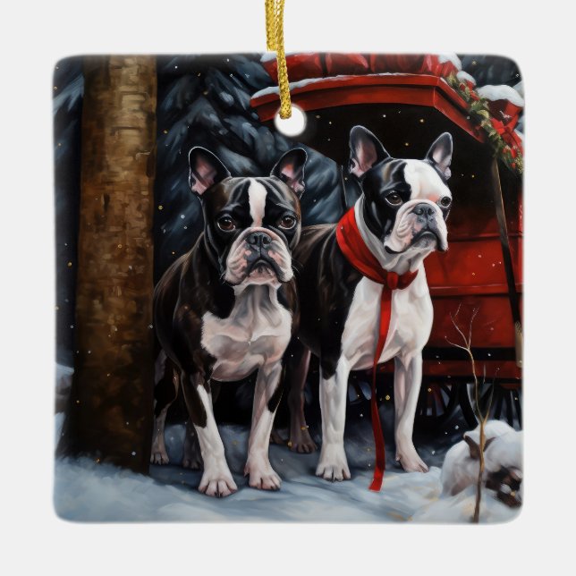 Boston Terrier Nevado Trineo Navidad Decoración   (Anverso)