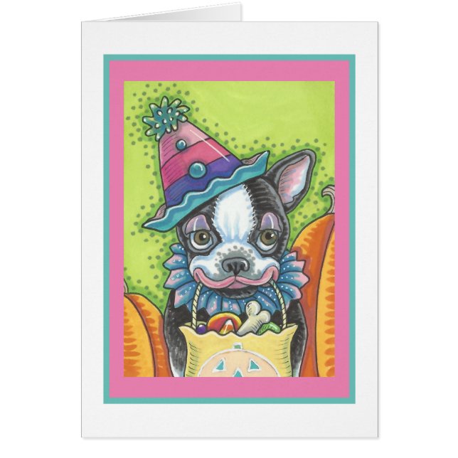BOSTON TERRIER PUP, HALLOWEEN COLOWN DOG CARTA Ver (Frente)