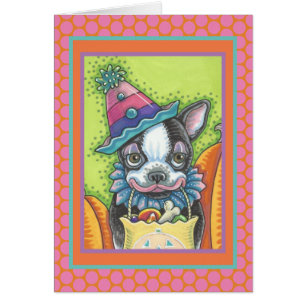 BOSTON TERRIER PUP, HALLOWEEN COLOWN DOG CARTA Ver