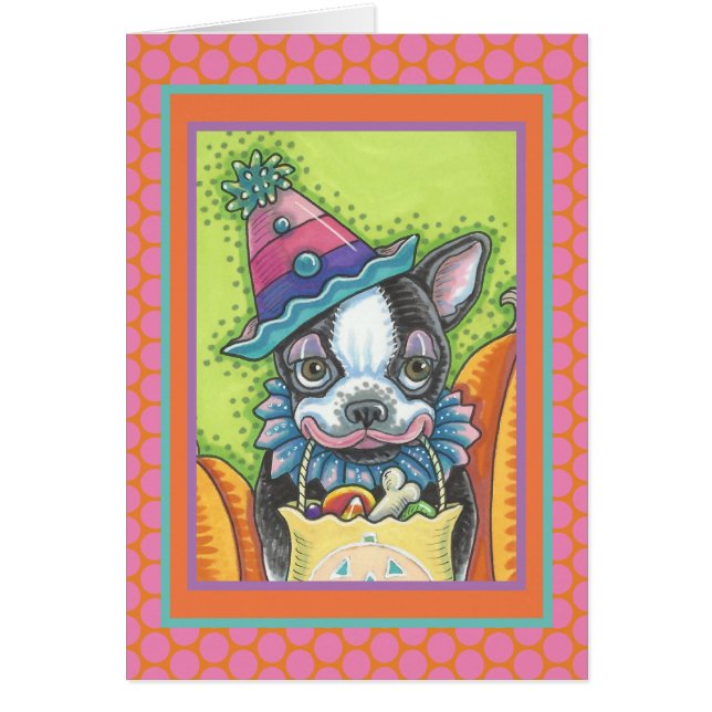 BOSTON TERRIER PUP, HALLOWEEN COLOWN DOG CARTA Ver (Frente)