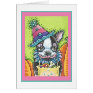 BOSTON TERRIER PUP, HALLOWEEN COLOWN DOG CARTA Ver