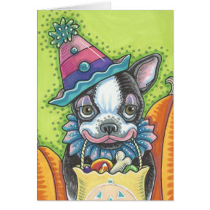 BOSTON TERRIER PUP, TARJETA DE PERRO DE HALLOWEB E