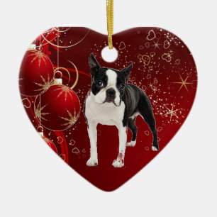 Boston Terrier que cuelga el ornamento del navidad