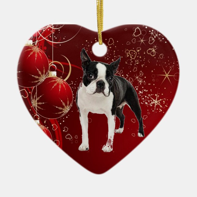 Boston Terrier que cuelga el ornamento del navidad (Frente)