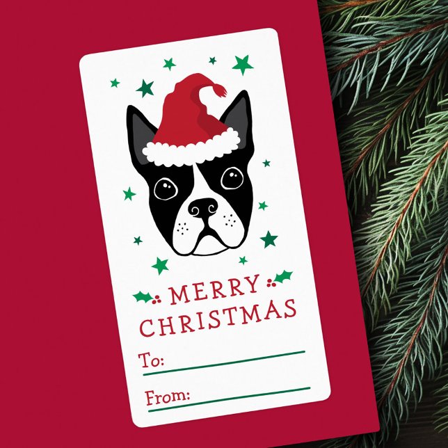Boston terrier Santa hat Etiqueta de regalo de nav (Boston terrier Santa hat Merry Christmas gift tag)
