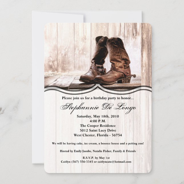 Bota de invitación de cumpleaños de campo rústico  (Anverso)