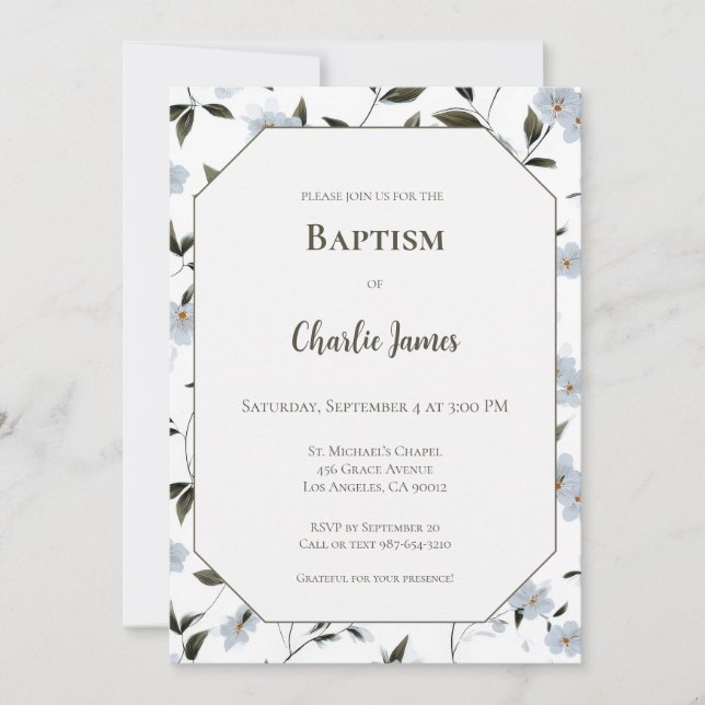 Botanical Blue Green Baptism Invitation (Anverso)