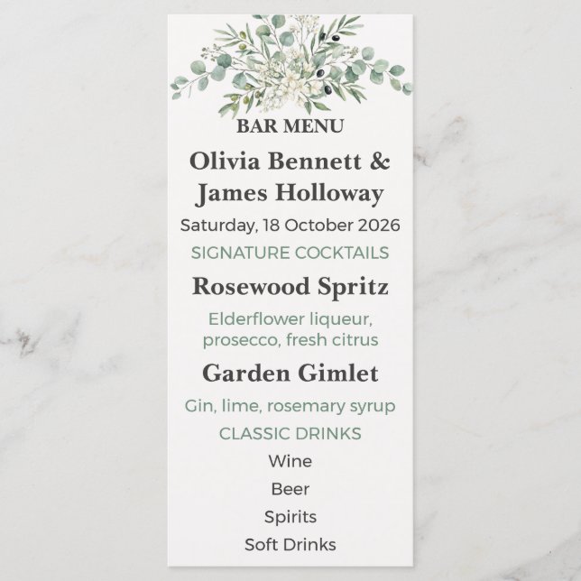 Botanical Garden Wedding Bar Menu (Anverso)