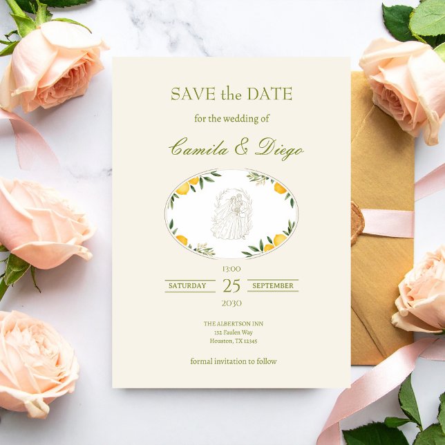 Botanical Lemon Olive Wedding Save the Date (Subido por el creador)