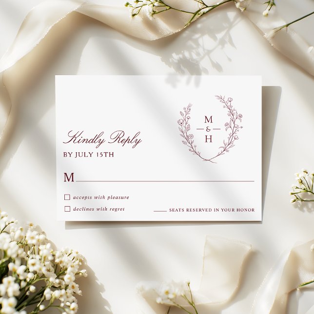 Botanical Monogram Burgundy Script Wedding RSVP (Subido por el creador)