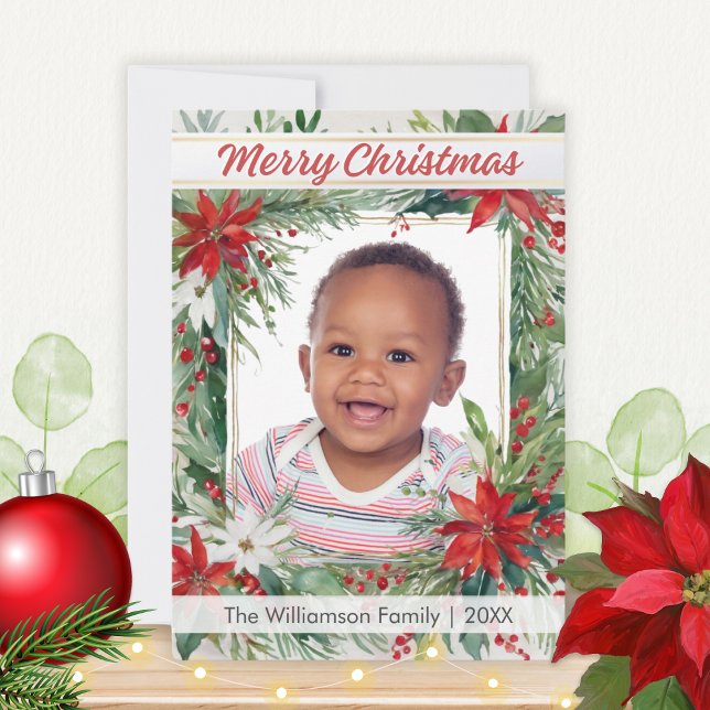 Botánicas de Invierno Foto Festiva Feliz Navidad (A Christmas card with botanical greenery, red and white poinsettia flowers and custom photo and name)