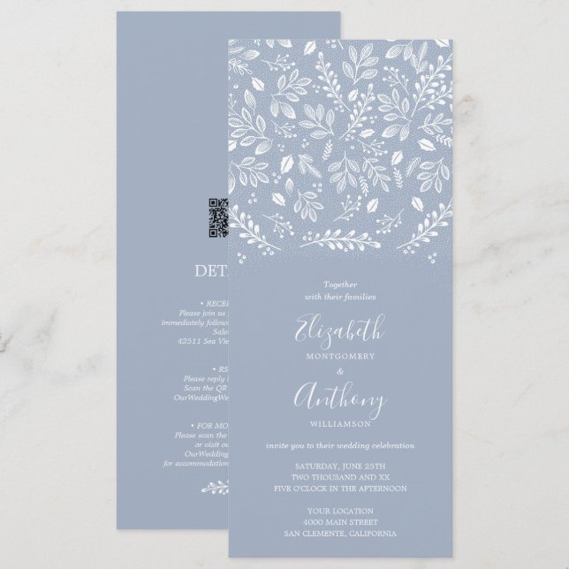 Botánico Azul Dusto Todo En Una Invitación De Boda (Anverso / Reverso)