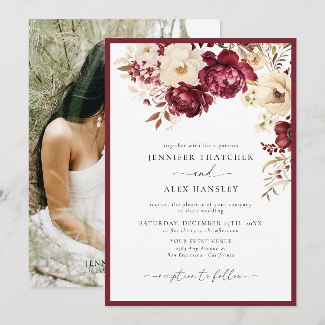 Botánico de Borgoña | Elegante invitación a la bod (Anverso / Reverso)