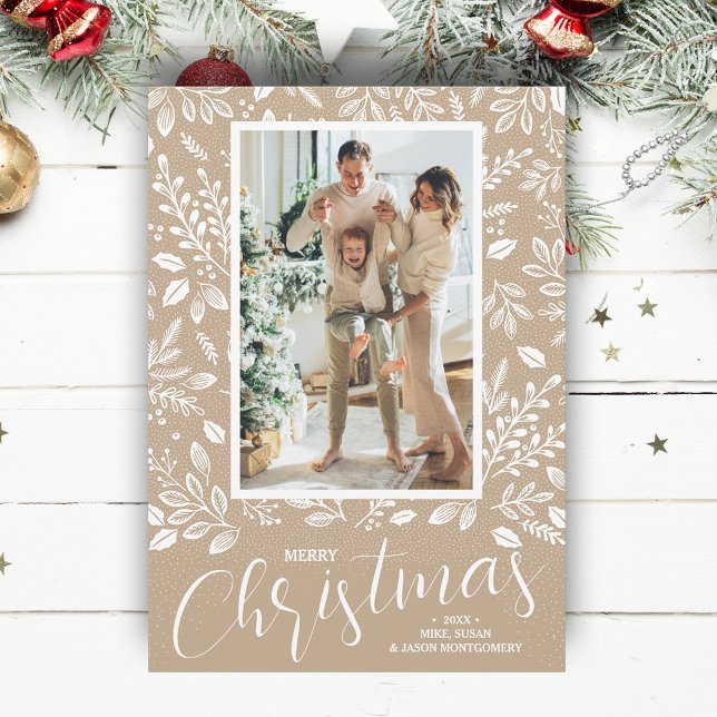 Botánicos Feliz Navidad en Foto Beige (White botanicals on taupe Merry Christmas photo holiday cards, PRINTED and/or INSTANT DOWNLOAD)