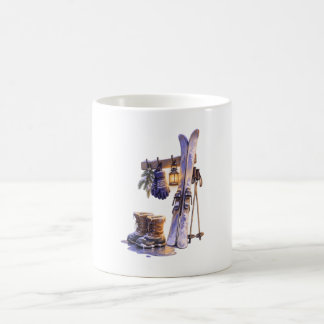 Botas de esquí de invierno y taza de café Linterna