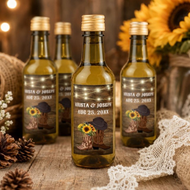 Botas de Vaquero Girasol Favor de Boda Western (Cowboy Boots Sunflower Western Wedding Favor Wine Label)