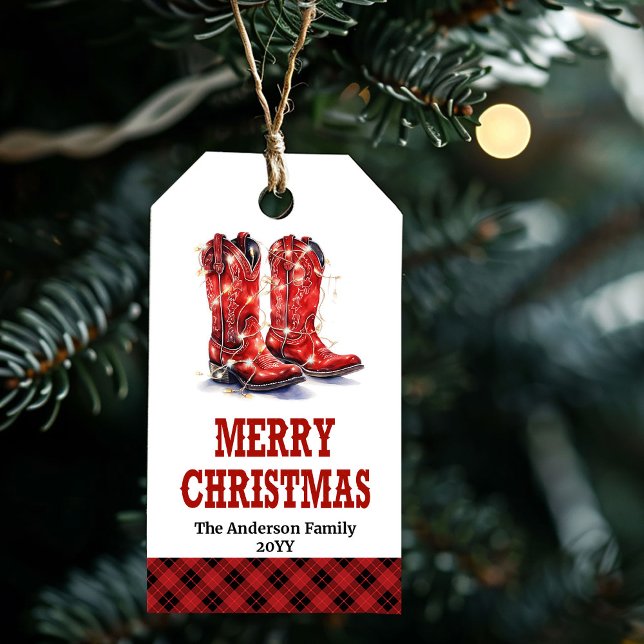 Botas occidentales rojas etiqueta de regalo de Nav (Red western boots festive Christmas gift tag)