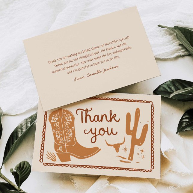 Botas Rústicas y Espumoso Agradecimiento Dibujado  (Western Rustic Bridal Shower Thank you card)