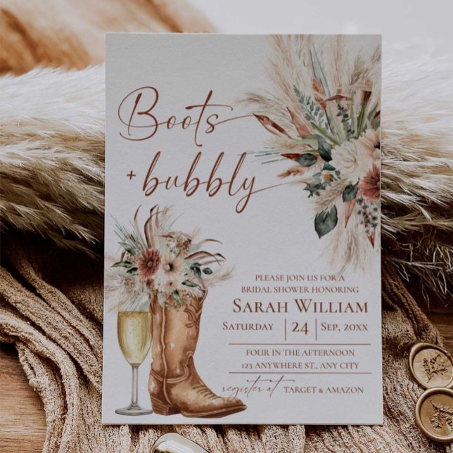 Botas y Burbujas Invitación Rústica para Despedida (Boots and Bubbly Bridal Shower Invitation | Rustic Western Boho Terracotta)