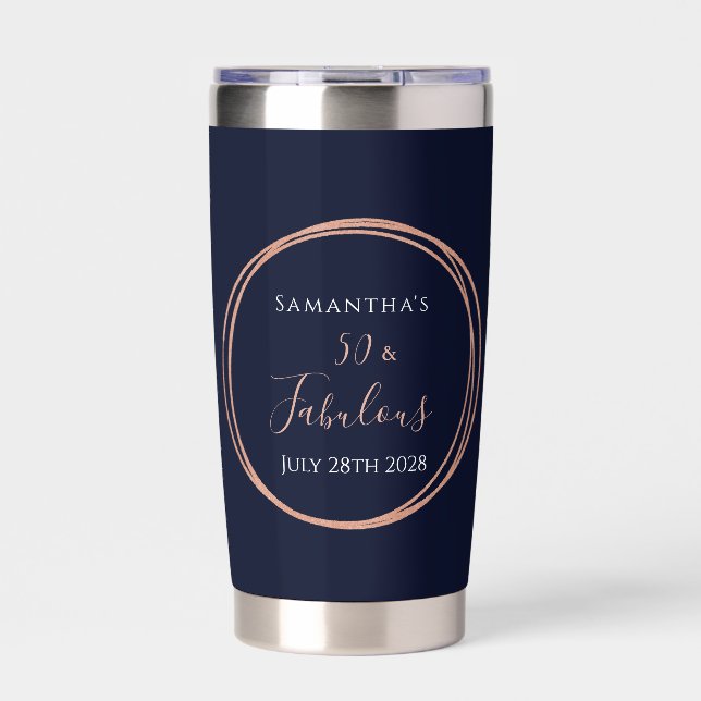 Botella Aislada 50th Birthday Navy Rose Gold Birthday Party Favor (Frente)