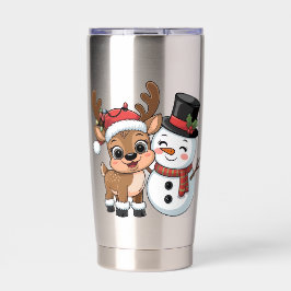 Botella Aislada Adorable Reno de Navidad & Muñeco de Nieve