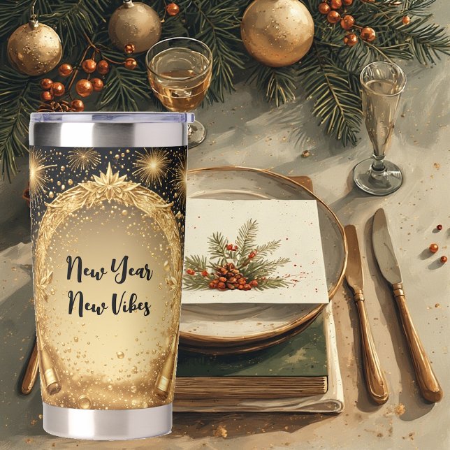 Botella Aislada Año Nuevo Nuevas Vibraciones Champagne Dorado De M (New Year New Vibes Midnight Gold Champagne Sparkle Insulated Tumbler)