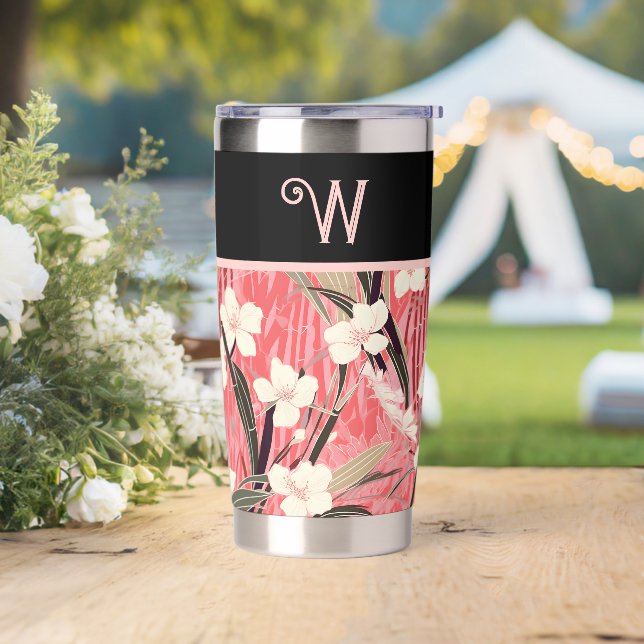 Botella Aislada Asian Floral Pink Peach White Chinoiserie Monogram (Boda)