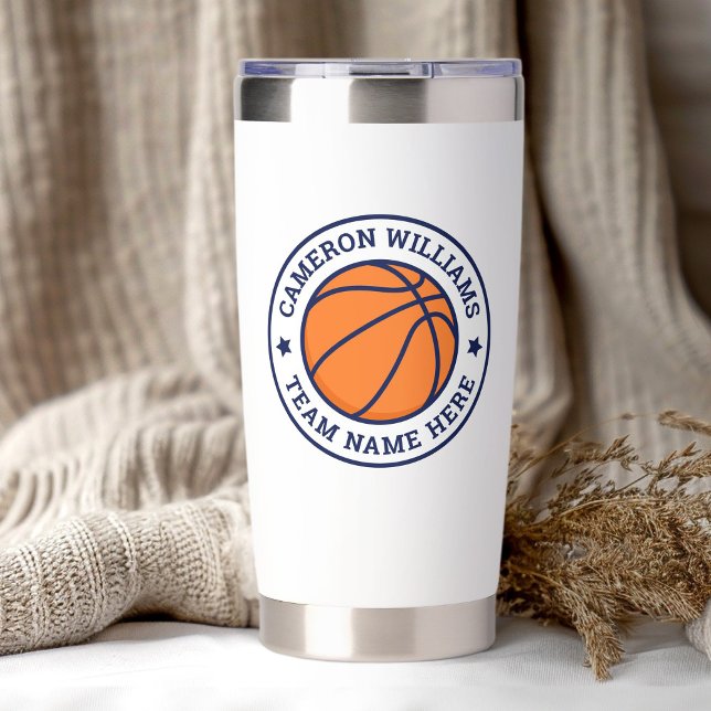 Botella Aislada Baloncesto nombre y equipo estrellas azules blanco (Basketball name and team blue stars white insulated tumbler)
