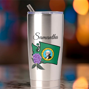 Botella Aislada Bandera de Washington y Flor Rododendro del Pacífi
