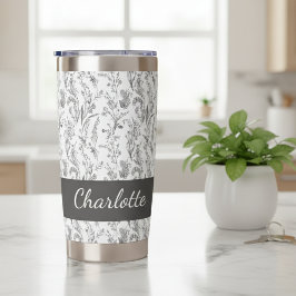 Botella Aislada Black White Toile Floral Custom Name