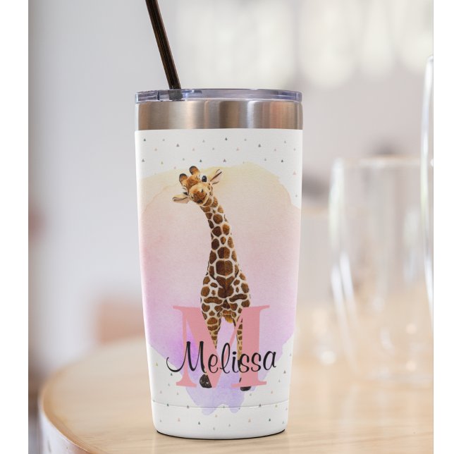 Botella Aislada Bonito Monograma Acuarela Nombre Girafa Jungla (Cute giraffe travel mug for work, on the beach, every day use.)