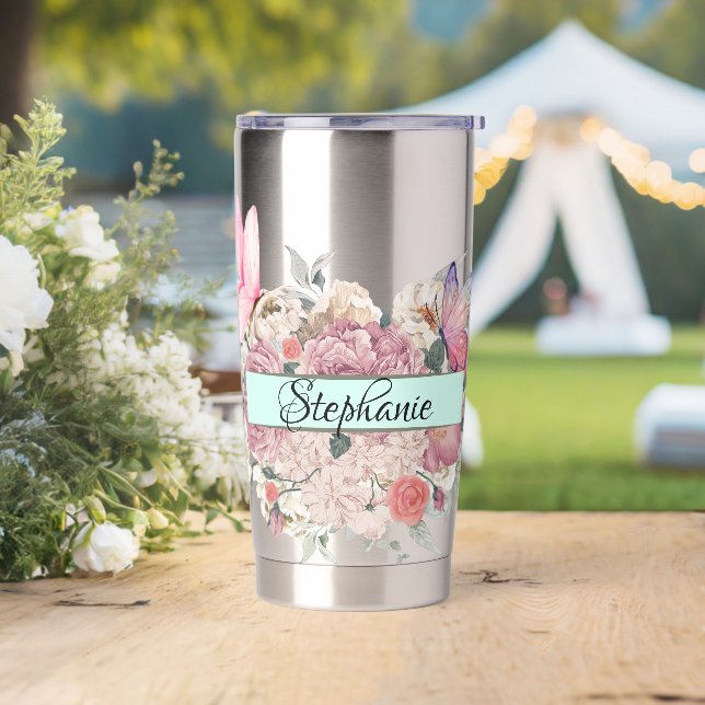 Botella Aislada Botánicos de mariposa personalizados Flores elegan (Boda)
