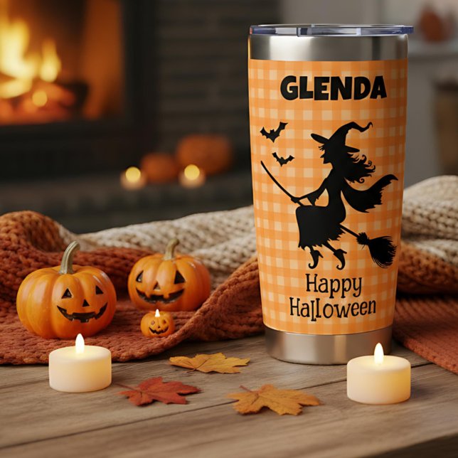 Botella Aislada Bruja de Halloween y murciélagos Plaid Naranja Nom (Subido por el creador)