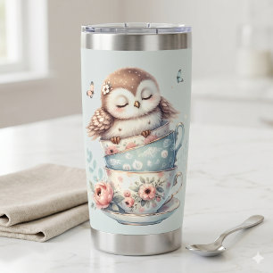 Botella Aislada Búho Durmiendo en Tazas de Té Florales Apiladas