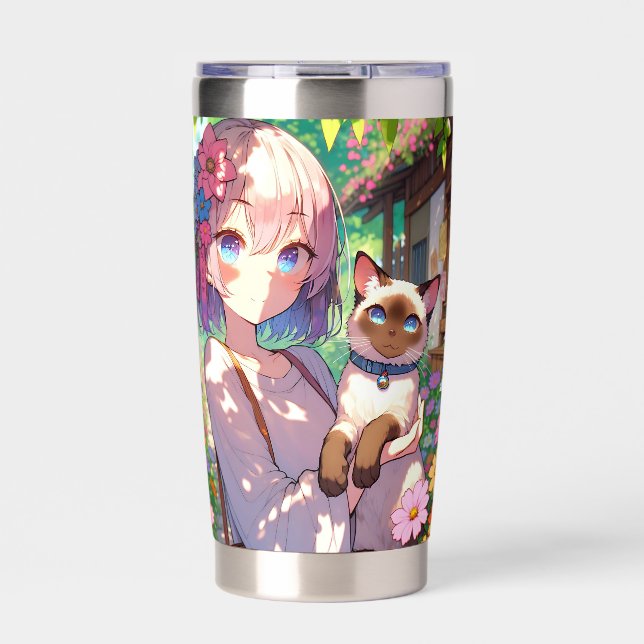 Botella Aislada Chica anime y gato siamés personalizado (Frente)