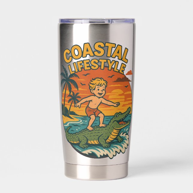 Botella Aislada Coastal Lifestyle Gator Surfing - Retro Surf Beach (Frente)