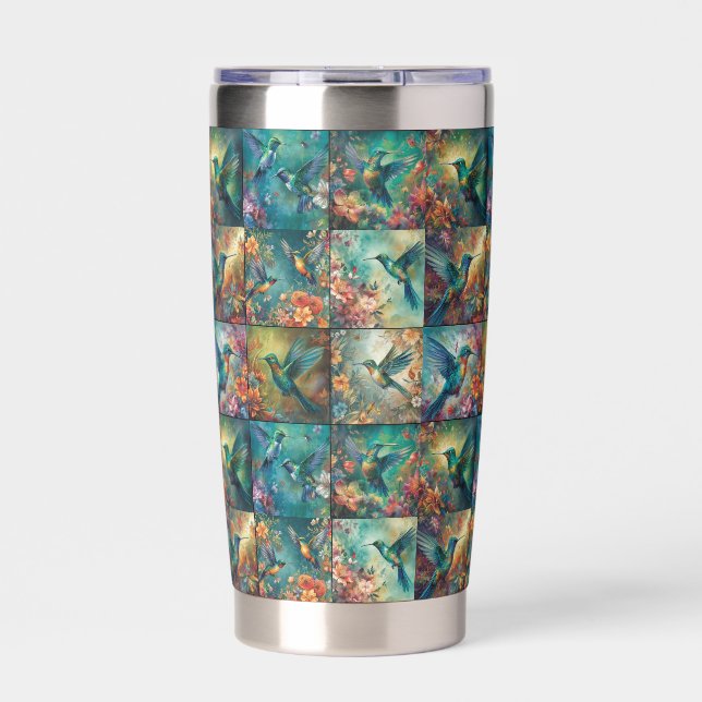 Botella Aislada Colección de nueve colibríes en un patrón (Frente)