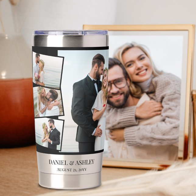Botella Aislada Collage de fotos boda 7 con Montaje Zigzag (Wedding Picture Photo Collage. Photo tumbler gift for newlyweds, anniversary, wedding party etc)
