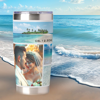 Botella Aislada Collage de fotos de bodas de playa o destino