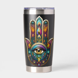 Botella Aislada Colores de Pavo Real Hamsa con Tercer Ojo Dorado