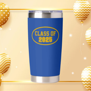 Botella Aislada Colores escolares azul real y dorado Año de gradua