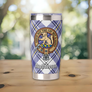 Botella Aislada Crest de Clan MacPherson sobre Tartán Azul de Vest