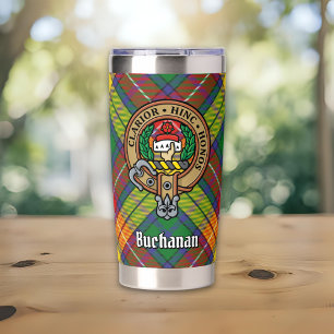 Botella Aislada Crest del Clan Buchanan sobre tartán