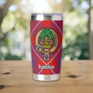 Botella Aislada Crest del Clan Hamilton sobre Tartán Rojo