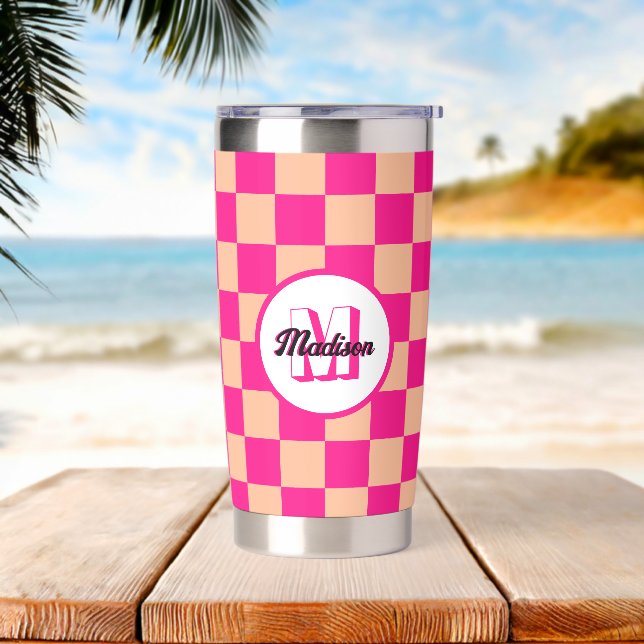 Botella Aislada Cuadrados a cuadros melocotón rosa caliente retro  (Playa)