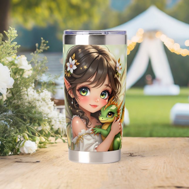 Botella Aislada Cute Anime Hada y Dragón Chibi  (Boda (girado))