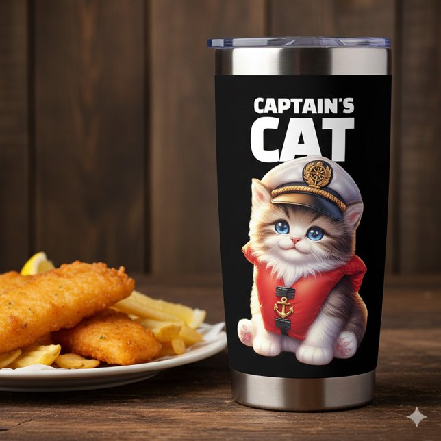Botella Aislada Cute Funny Captain's Cat in a Captain's Hat (Whimsical Captain's Cat in a Captain's Hat Stainless Steel Tumbler Cover Photo)