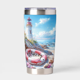 Botella Aislada Día Brillante en la Costa – Encanto de Faro y Play