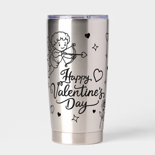 Botella Aislada Diseño de Doodle Romántico y Querubín para el Día  (Frente)